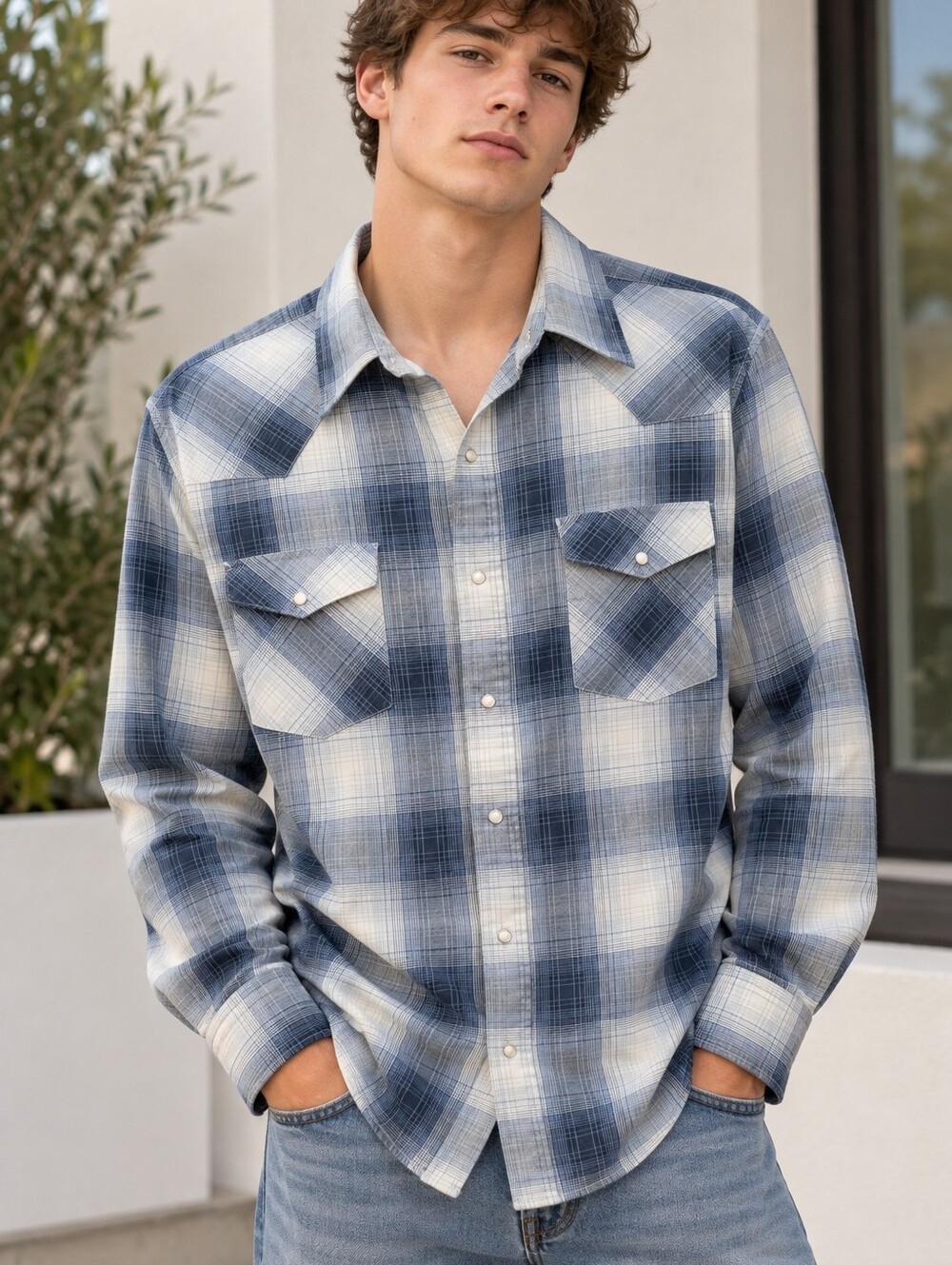 MWG Apparel men’s long sleeve western plaid shirt blue gray cream Pearl Snap XL